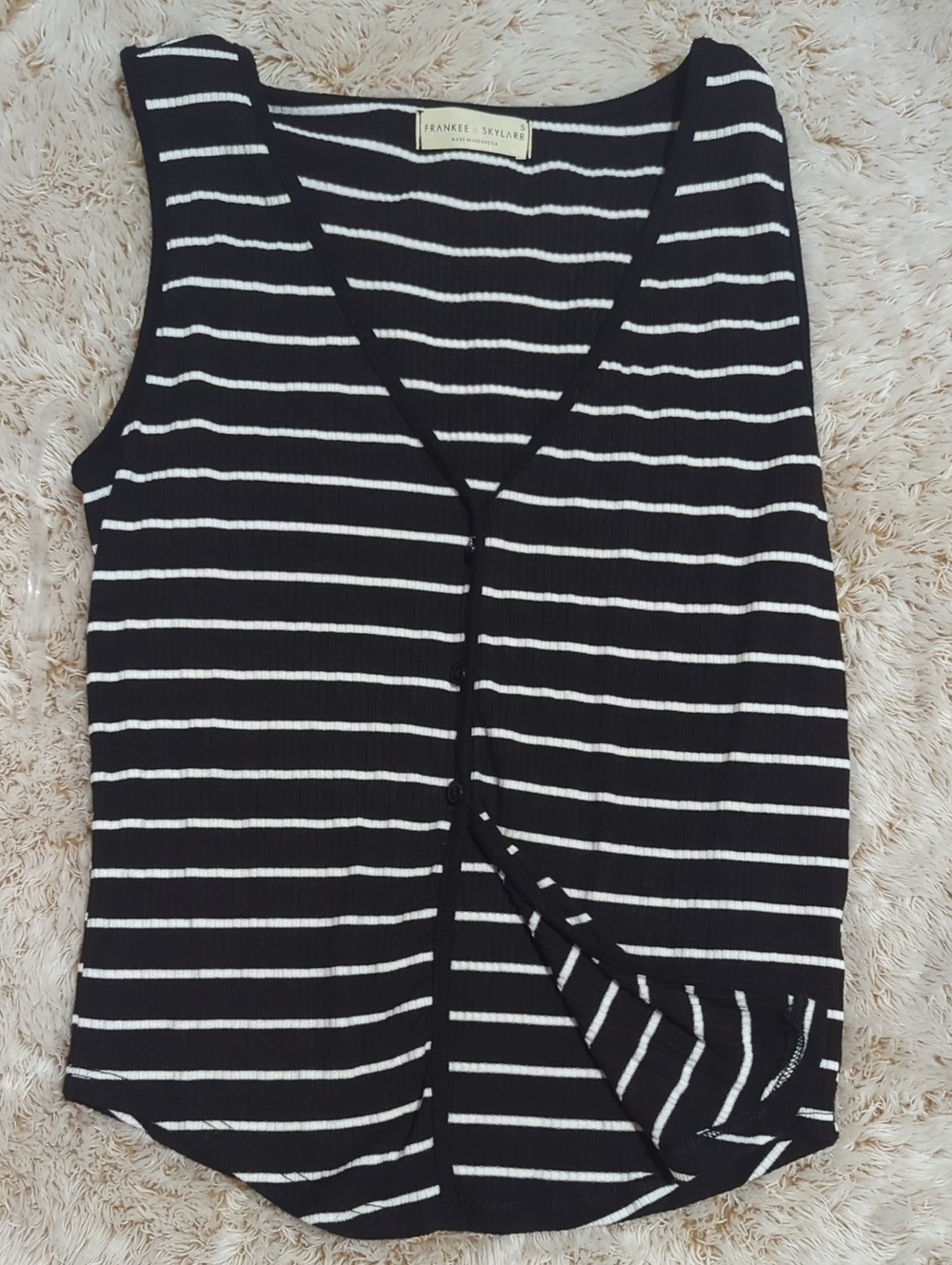 Black & White Striped Sleeveless Button-Front Top